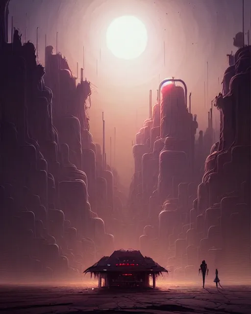 Image similar to professional ominous concept art of an apocalyptic desert city by artgerm and greg rutkowski. an intricate, elegant, highly detailed digital painting, concept art, smooth, sharp focus, illustration, in the style of simon stalenhag, wayne barlowe, and igor kieryluk.