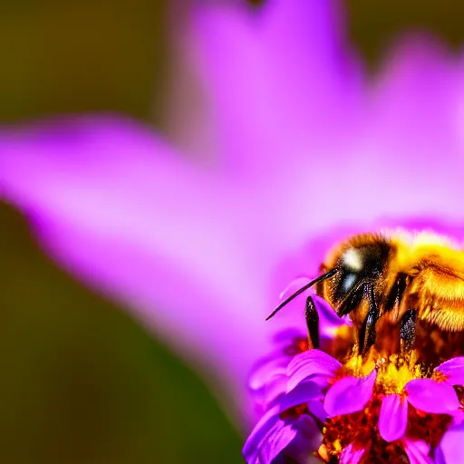 Prompt: macro photo, 4k, bee on a flower, cinematic lightning, realistic, super detailed
