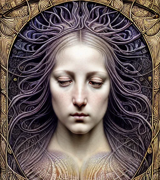 Image similar to detailed realistic beautiful summer goddess face portrait by jean delville, gustave dore, iris van herpen and marco mazzoni, art forms of nature by ernst haeckel, art nouveau, symbolist, visionary, gothic, neo - gothic, pre - raphaelite, fractal lace, intricate alien botanicals, ai biodiversity, surreality, hyperdetailed ultrasharp octane render