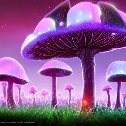 Prompt: field of bioluminescent glowing mushrooms, fantasy concept art, award winning art