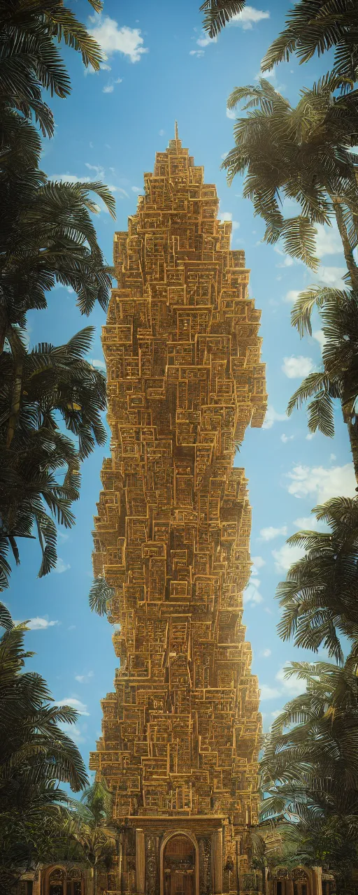 Prompt: photorealistic eye level view of a contemporary babylon tower, golden intricate details, stone facade, sacred ancient architecture, hanging gardens, cascading highrise, arid mountains with lush palm forest, sunlight, post - production, octane, cgi, sfx