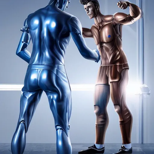 Image similar to a realistic detailed photo of a guy who is an attractive humanoid who is half robot and half humanoid, who is a male android, attractive and handsome soccer players, shiny skin, posing like a statue, blank stare, in a factory, on display, showing off his muscles, wearing soccer shorts, side view, looking at each other mindlessly