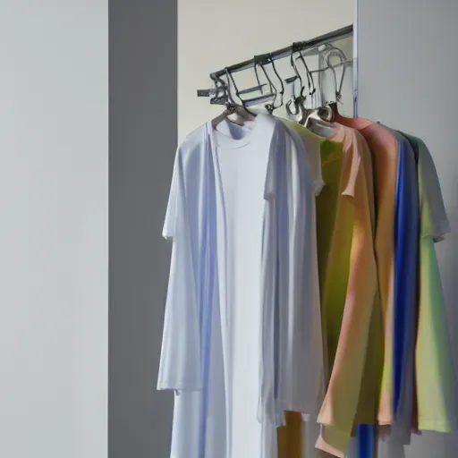 Image similar to an ultra high definition professional studio quality photograph of a transparent iridescent perspex pastel coloured t - shirt on a white coat hook in an empty white room. dramatic lighting, ray tracing, refraction, shallow d. o. f, colour corrected, golden ratio, three point light. volumetric shadows..