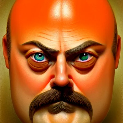 Image similar to nick offerman face inside an orange!, sci - fi and fantasy, intricate highly detailed digital painting, artstation, concept art, smooth and sharp focus, illustration, art by tan zi and ayanamikodon and alphonse mucha and wlop