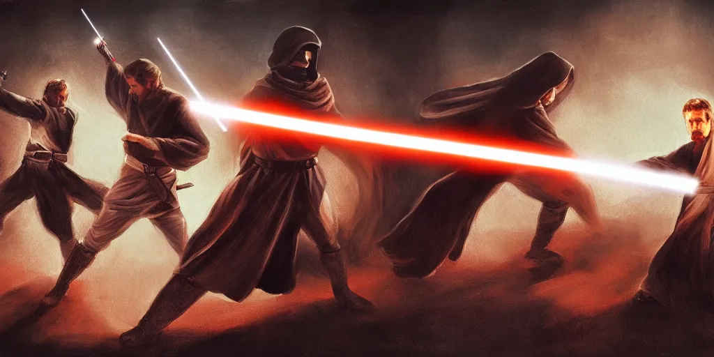 Image similar to painting of anakin skywalker and obi wan kenobi duel, mustafar, deviantart, canvas painting, detailed environment, painting, art, futuristic, dark, sharp focus, smooth, environment, star wars