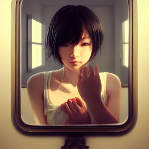 Prompt: very small little girl by ross tran : : reaching into their reflection in the mirror by sana takeda : : rtx reflections, very high intricate details, digital anime art by artgerm, medium shot, mid - shot, composition by ilya kuvshinov, lighting by greg rutkowski