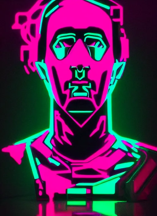 Image similar to bust of uberchad with chiseled jaw, beeple, vaporwave, retrowave, black background, neon wiring, black, glitch, strong contrast, cuts, pinterest, trending on artstation