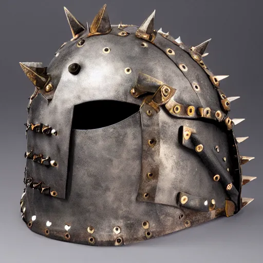 Image similar to A jagged iron helm, with leather straps and iron spikes