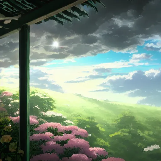 Prompt: pale green clouds, a house with a garden full of flowers is above the clouds, light effect, by miyazaki hayao and makoto shinkai, trending on behance, 8 k - - ar 9 : 1 6