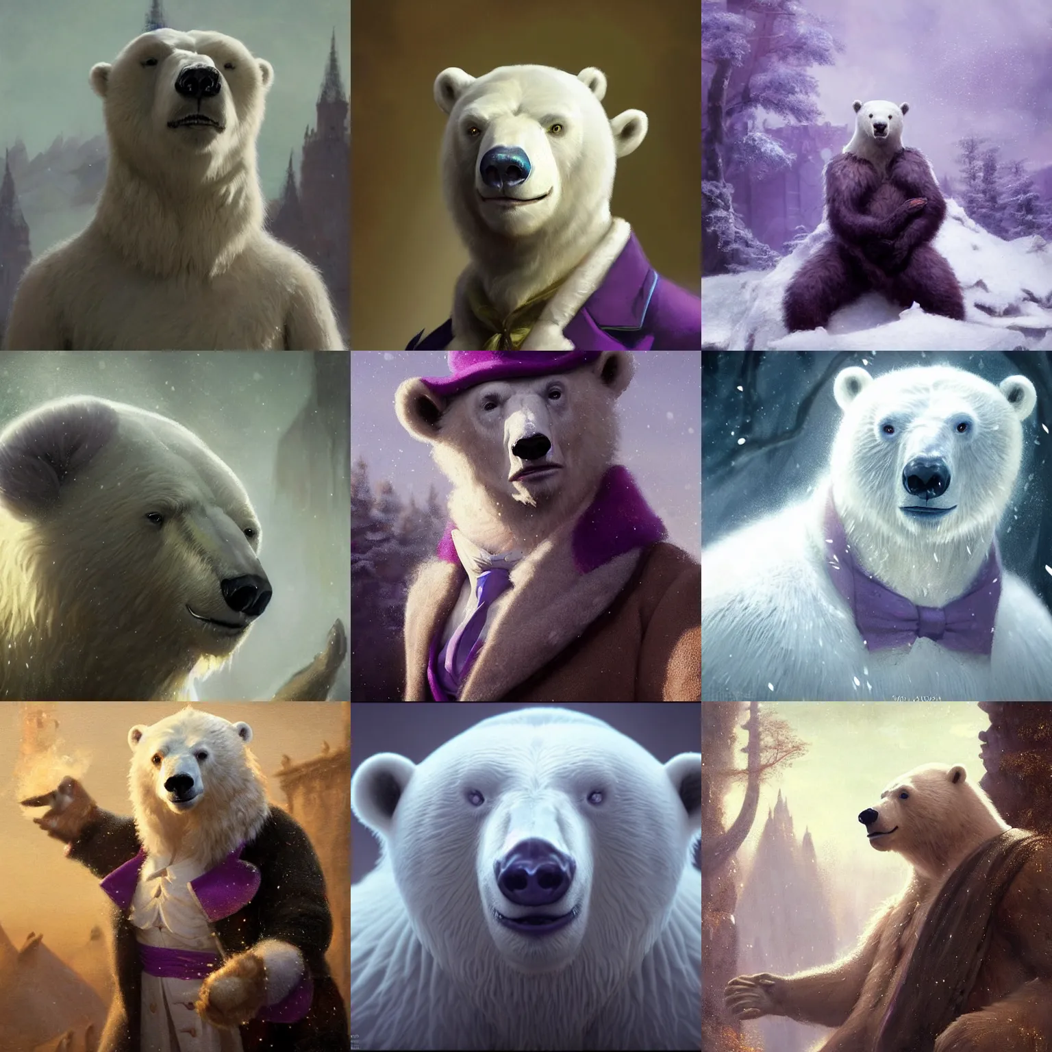 Prompt: a beautiful close - up shot from a fantasy film of an anthropomorphic polar bear wearing a purple tuxedo. joseph ducreux, greg rutkowski.