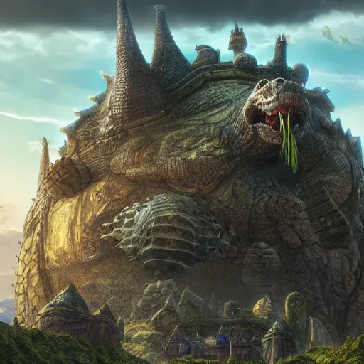 Image similar to large fantasy castle rising from the top of a giant tortoise, towering over a harsh barren wasteland, howls moving castle, mortal engines, kaiju, distant shot angled slightly up, fantasy, hyper detailed, 4 k