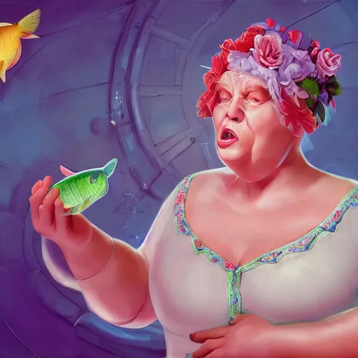 Image similar to of a very funny scene. ambient occlusion render. a sweet fat old woman is giving a birth to a huge colorful fish. flowery dress. mirror. symmetrical face, red mouth, blue eyes. deep focus, lovely scene. ambient occlusion render. concept art. unreal engine.