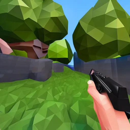 Image similar to vr game, first person, axe equipped, variety of fruits on the background, low poly