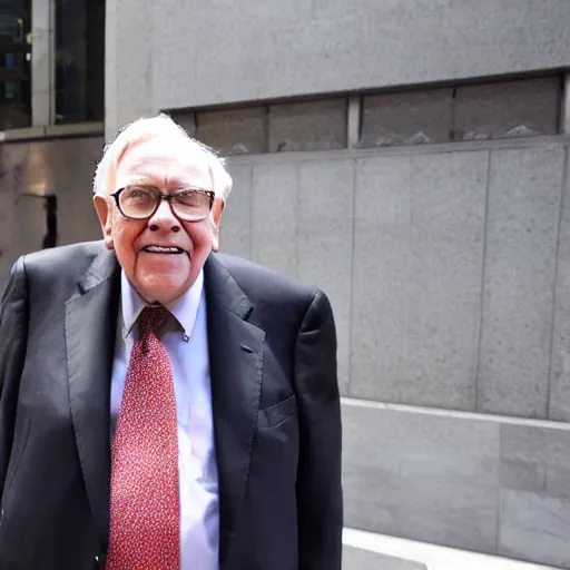 Prompt: warren buffet in thanos body standing outside wall street stock exchange, reality, realistic, detailed, 8 k, award winning, wide shot,