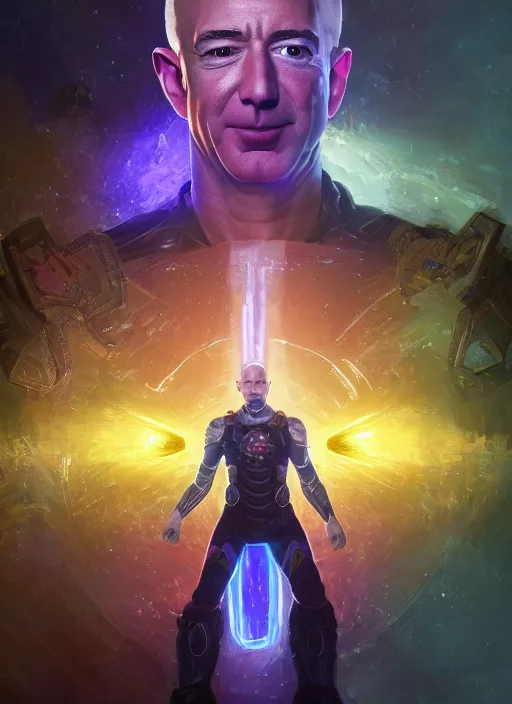 Image similar to jeff bezos collecting the infinity stones, au naturel, hyper detailed, digital art, trending in artstation, cinematic lighting, studio quality, smooth render, unreal engine 5 rendered, octane rendered, art style by klimt and nixeu and ian sprigger and wlop and krenz cushart.