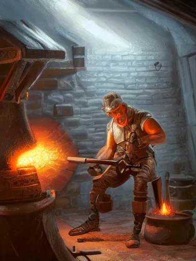 Image similar to a blacksmith striking a hammer in its anvil. working at his forge. intricate, elegant, highly detailed, digital painting, artstation, cinematic shot, concept art, sharp focus, illustration, by justin gerard and artgerm 8 k