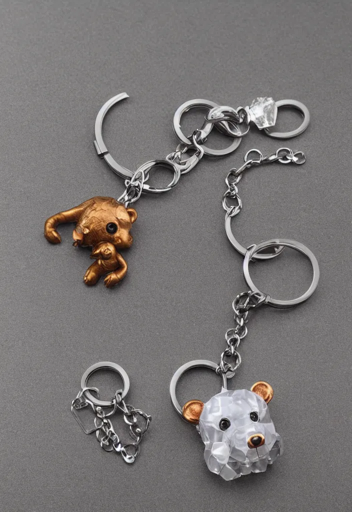 Image similar to a small cute crystal bear keychain by greg rutkowski, sung choi, mitchell mohrhauser, maciej kuciara, johnson ting, maxim verehin, peter konig, 8 k photorealistic, cinematic lighting, hd, high details, dramatic, atmosphereric, trending on artstation