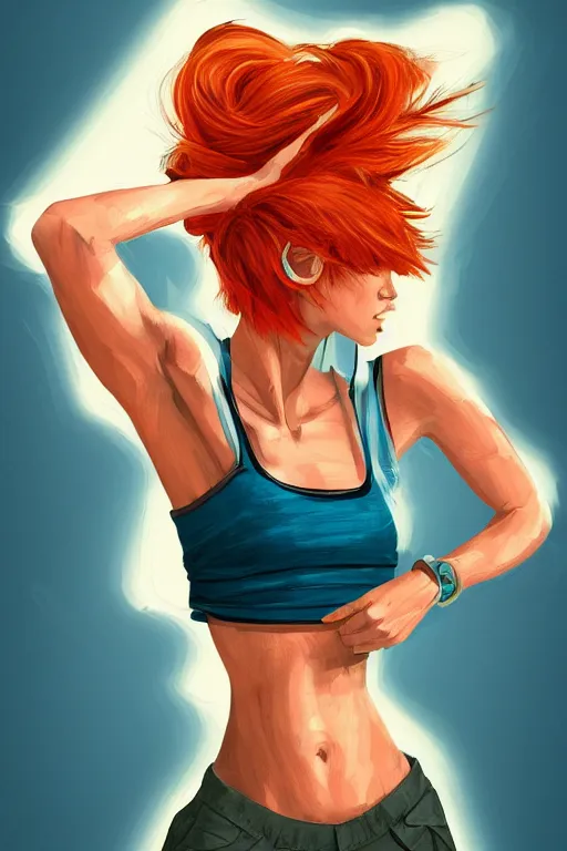 Image similar to a award winning half body portrait of a beautiful caucasian woman in a croptop and cargo pants with ombre orange blue teal hairstyle with head in motion and hair flying by will eisner, outrun, vaporware, digital art, trending on artstation, highly detailed, fine detail, intricate