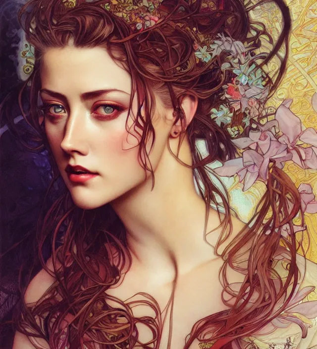 Prompt: detailed portrait of amber heard by alphonse mucha, ayami kojima, yoshitaka amano, charlie bowater, karol bak, greg hildebrandt