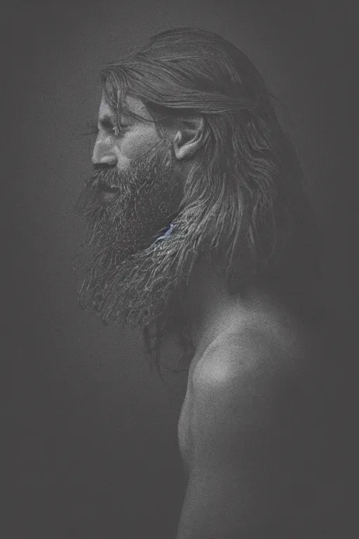 Image similar to a man's face in profile, long beard, made of foliage, in the style of the Dutch masters and Gregory crewdson, dark and moody