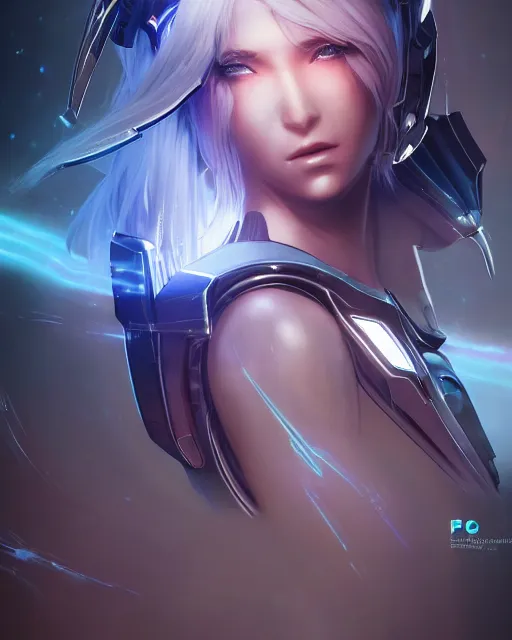 Image similar to perfect android girl on a mothership, warframe armor, beautiful face, scifi, futuristic, galaxy, nebula, raytracing, dreamy, long white hair, blue cyborg eyes, sharp focus, cinematic lighting, highly detailed, artstation, divine, by gauthier leblanc, kazuya takahashi, huifeng huang