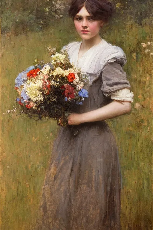 Prompt: Richard Schmid and Jeremy Lipking full length portrait painting of a young beautiful edwardian girl hold a large bouquet of flowers