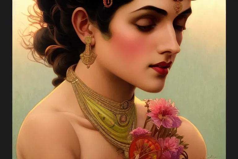 Image similar to sensual pale beautiful indian doctor, art deco portrait, elegant, intricate, digital painting, artstation, concept art, smooth, sharp focus, illustration, art by artgerm and greg rutkowski and alphonse mucha