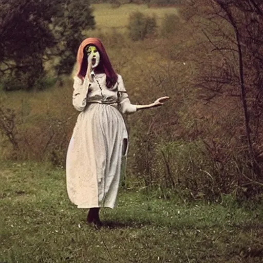 Image similar to beautiful woman with a long dangly nose, with extra eyeballs, in the countryside 1974 arthouse film, archival footage, technicolor film expired film