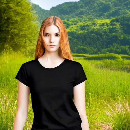 Image similar to clear photorealistic mockup product photograph of a blank black tshirt on an attractive female model in front of a nature background - h 7 0 4