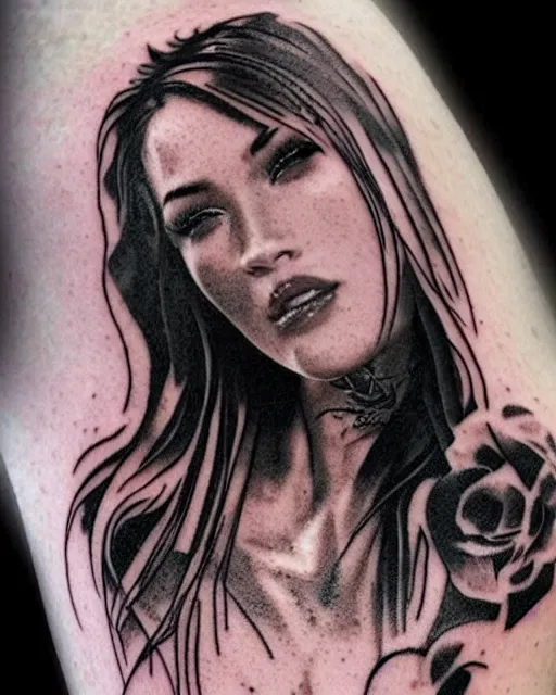 Image similar to double exposure effect tattoo design sketch that combines megan fox with beautiful mountain scenery, realism tattoo, in the style of den yakovlev, amazing detail, sharp