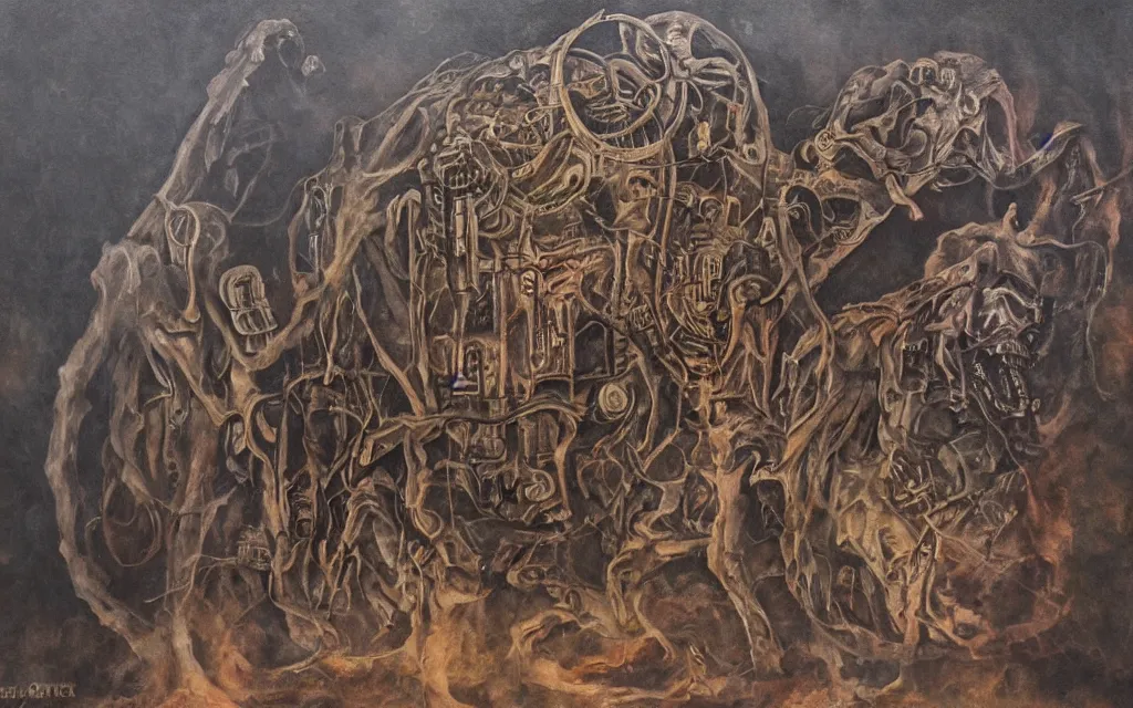 Image similar to haunted prehistoric machine ghosts of ancient science, award winning painting