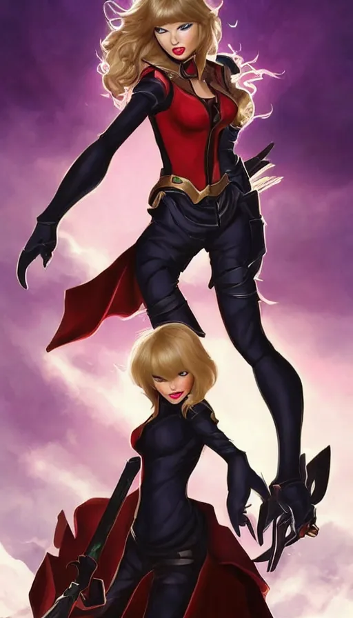 Image similar to taylor swift as a hero similar to seraphine from league of legends with a microphone in her hand as her weapon drawn in a 2 0 0 0 s cartoon on a saturday morning style, high quality, very well proportioned silhouette, contemporary art, taylor swift face