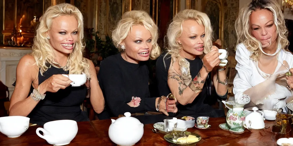 Image similar to pamela anderson and tommy lee having tea with the queen of england 4 k