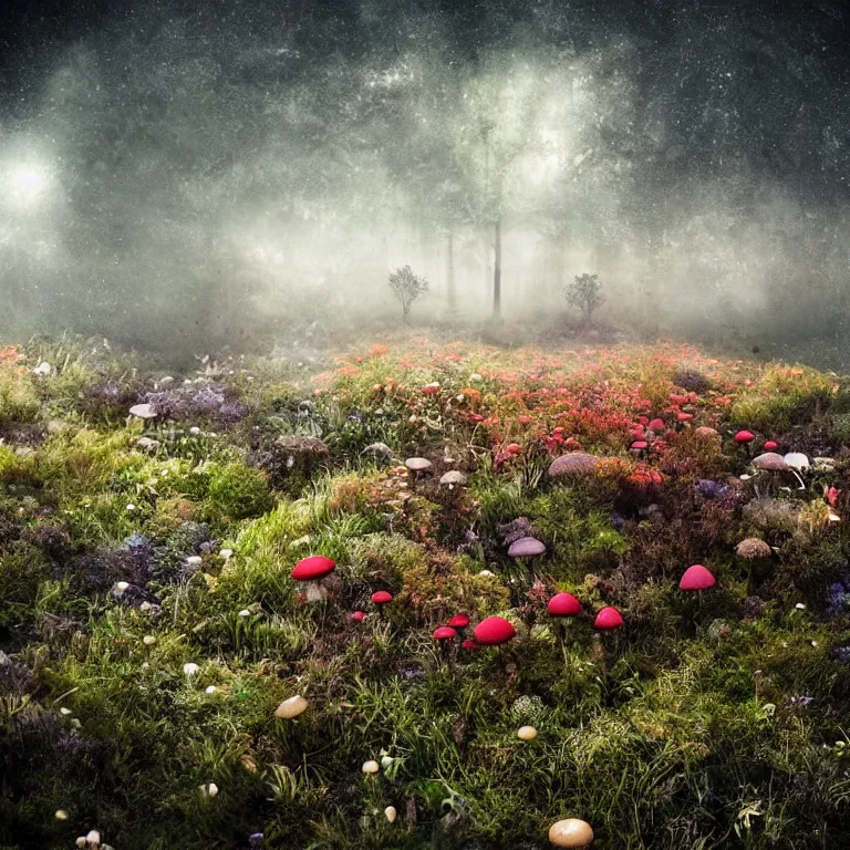 Image similar to a planet of various fungus, mushrooms, flowers and plants, inside the picture is infinity, Atmospheric, artistic photography, conceptual, long exposure outside the city, volumetric light