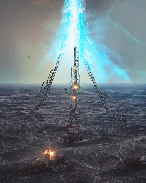 Prompt: a glowing female spirit of mother nature screams out in agony. drilling rigs bore into the earth in the background. wide shot, detailed, sharp, 8 k, award winning digital art by beeple, national geographic, dlsr.