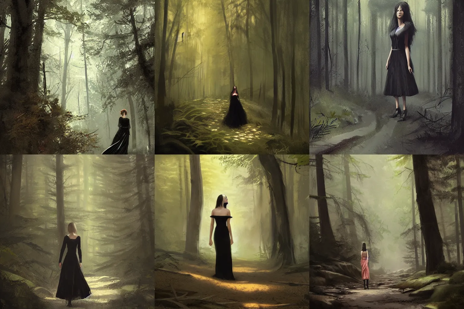 Prompt: woman wearing a black dress in a forest, by greg rutkowski