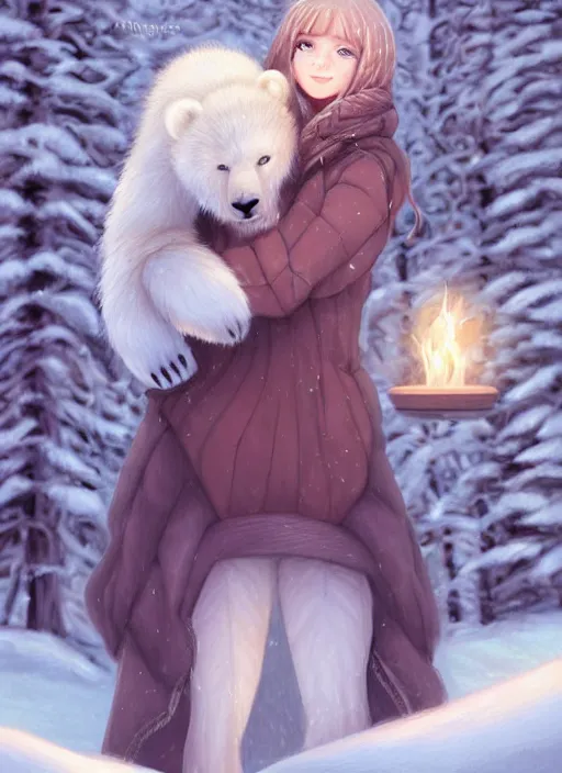 Image similar to award winning beautiful portrait commission art of a female furry anthro polar bear fursona with a cute beautiful attractive detailed feminine furry face wearing cute stylish winter clothes at a comfy winter cabin at dusk by firelight. Character design by charlie bowater, ross tran, artgerm, and makoto shinkai, detailed, inked, western comic book art