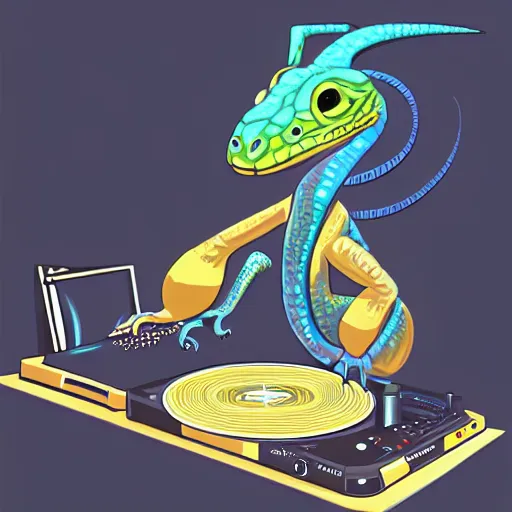 Prompt: a lizard dj, digital art, artstation, playing records