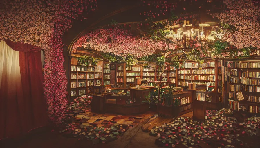 Prompt: a Wes Anderson 35mm film still of a very surreal magical bookstore with a waterfal inside, apothecary, botanical garden, falling be cherry blossoms pedals, in the style of Gucci and Wes Anderson glowing lights and floating lanterns, foggy atmosphere, rainy, moody, muted colors, magic details, very detailed, 8k, cinematic look, octane render, psychedelic,