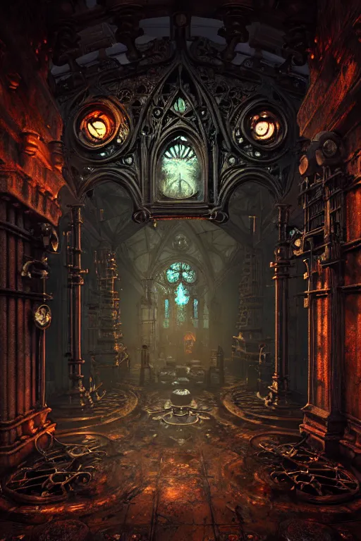 Image similar to steam necropolis, memento mori, gothic, neo - gothic, art nouveau, hyperdetailed copper patina medieval icon, stefan morrell, philippe druillet, ralph mcquarrie, concept art, steampunk, unreal engine, detailed intricate environment, octane render, moody atmospheric, volumetric lighting