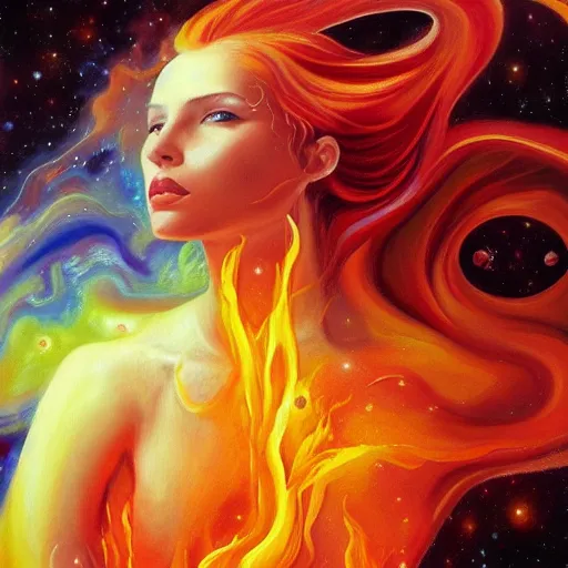 Image similar to A beautiful painting of a female cosmic being with flames as its body by Jim Burns, 8K, ultra-detailed , Trending on artstation.