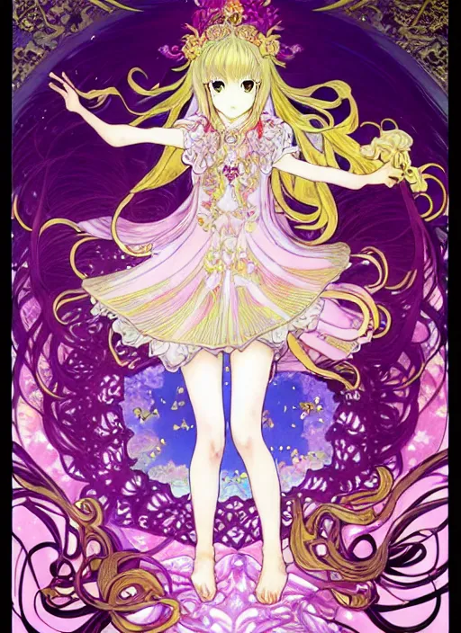 Image similar to exquisite imaginative manga poster of a fairy princess, fire emblem heroes, long wavy hair, rococo ruffles dress, shimmering, by shigenori soejima, minaba hideo, katsuhiro otomo, alphonse mucha, jump comics, illustration, artstation, pixiv, dark fantastic, highly detailed, 8 k, fluorescent, fluorescent, maximalist