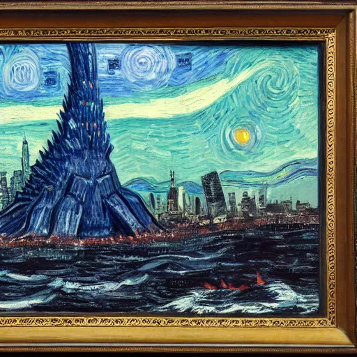 Prompt: godzilla in new york, epic, establishing shot, highly detailed, oil painting by van gogh