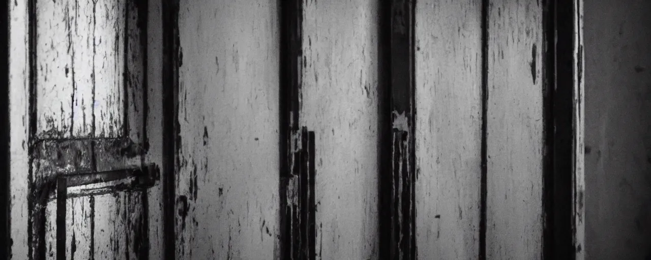 Prompt: dutch angle shot of a door at the end of a damp hallway. Black vinelike tendrils are growing out of the door. There is also ominous red light glowing through the cracks of the door. 100mm anamorphic panavision, 8k, still from the movie