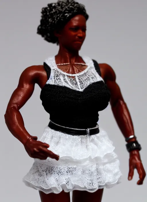 Prompt: Product Introduction Photos, 4K, Long view, Full body, 80mm resin detailed miniature of a Muscular Black Woman in white and lacy ruffled mini-skirt