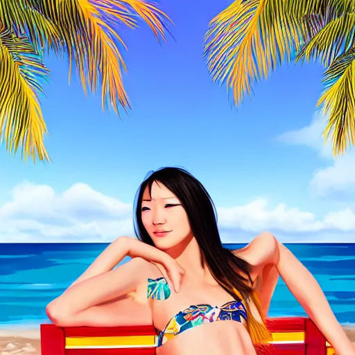 Image similar to a portrait of a young asiatic lady on a beach chair , highly perfect face, hot summertime hippie, sparky swimsuit , calm sea and beach background , sunny day, perfecly detailed, realistic portrait, perfect design, natural light