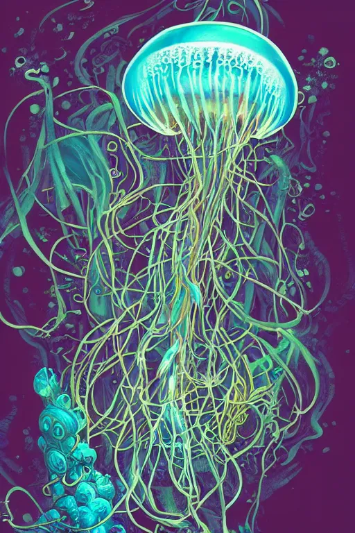 Image similar to a picture of mysterious colourful underwater jellyfish, being discovered by a man in a steampunk diving suit. water is deep aquamarine coloured. poster art by james jean, concept art, behance contest winner, very detailed, award - winning. lovecraftian, cosmic horror, bioluminescence.