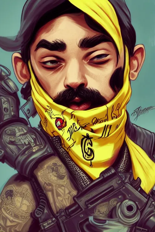 Image similar to gang saints wear yellow bandanas, and some of them have thick mustaches, concept art, pop art style, dynamic comparison, proportional, bioshock art style, gta chinatowon art style, hyper realistic, face and body features, without duplication noise, complicated, sharp focus, intricate, concept art, art by artgerm, mimmo rottela,