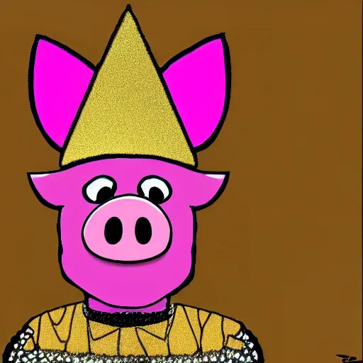 Prompt: a pig wearing a gold crown in the style of Friz Freleng