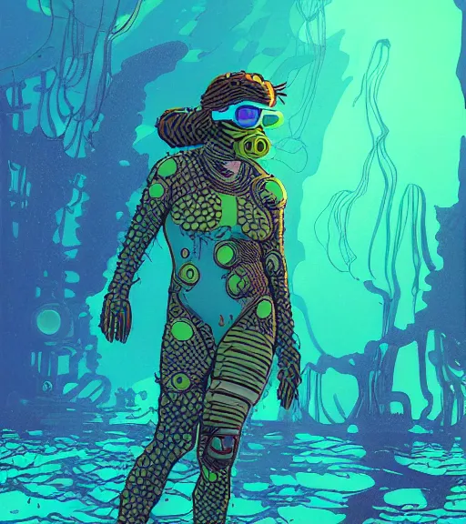 Image similar to a cyberpunk diver Polynesian woman swims through a dark bioluminescent alien coral reef, techwear, Industrial Scifi, detailed illustration, character portrait, by Martin Grip and Moebius